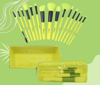 Beauty Creations - Dare To Be Bright - Boujee - 15 delige - NEON YELLOW - Make-up kwasten set - Inclusief etui - 15NBc - NEON -