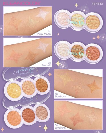 Kleancolor Treble Glow Highlighter Trio - 01 - Pinky Moon